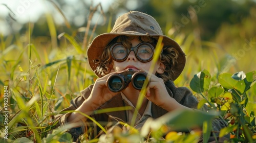 young explorer, binoculars in hand, donned in safari attire, lies amidst green, eager for discovery, AI Generative photo