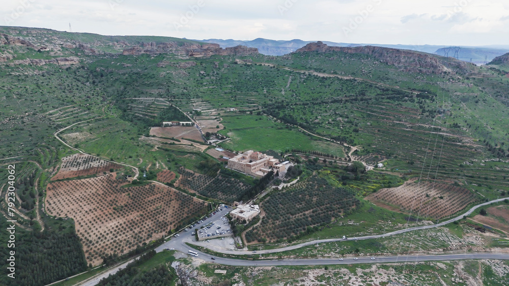 Mardin Deyrulzafaran Monastery stone building taken from various angles drone aerial photographs