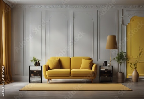 style armchair yellow rendering cabinet room modern background3d Mock wall photo