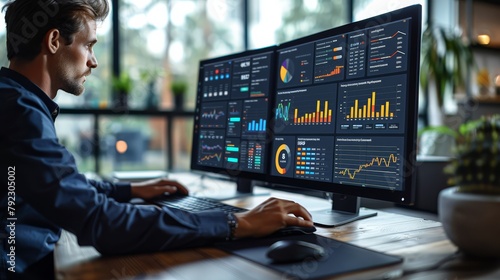 Analysts use computers and dashboards for business analysis, data and data management systems with KPIs and metrics connected to databases for finance, technology, operations, sales, marketing. photo