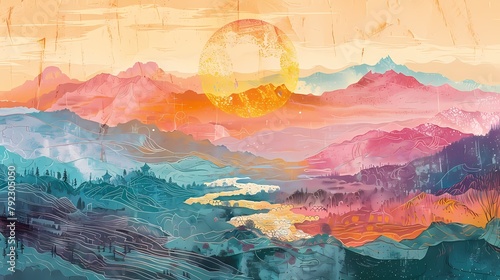 Traditional Chinese style lakeside sunrise scenery illustration poster background