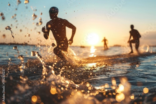 Athletes swimming, running, and biking, A male triathlete running out of the water, AI generated photo