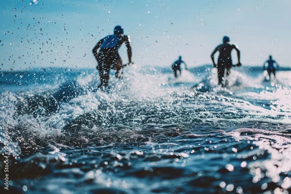 Athletes swimming, running, and biking, Triathlon swimming man running ...