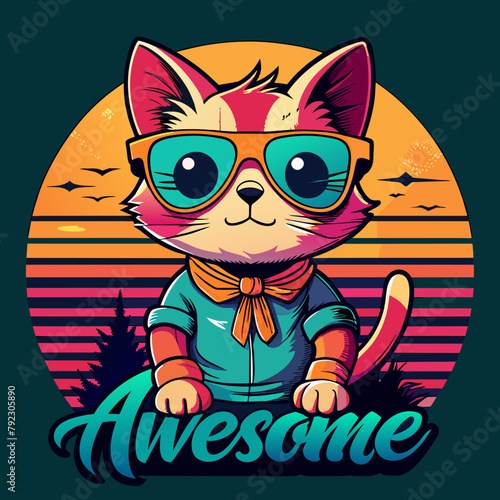 Cat on the beach t-shirt vector illustration, cat wearing glasses