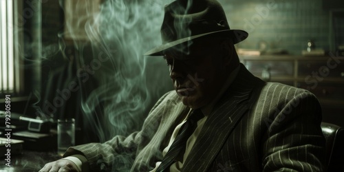 In a dark and dingy office a man in a led suit sits at his desk cigarette smoke swirling around him. The fedora hanging on the coatrack behind him serves as a reminder of the detective .