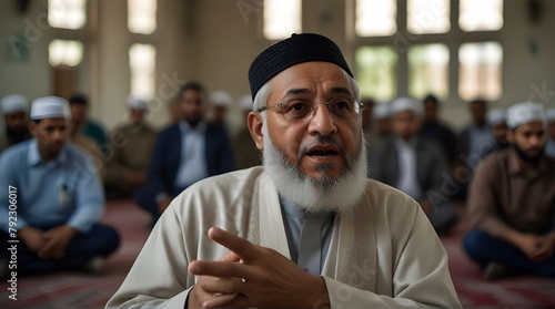 Muslims religious leader Imam or emam has a speech on friday afternoon prayer in a mosque.generative.ai photo