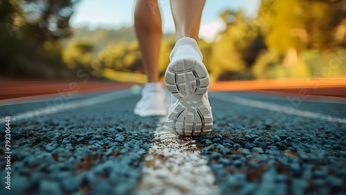 Closeup of feet running on sprint track in fitness lifestyle banner. Concept Fitness Lifestyle, Sprint Track, Closeup, Feet Running, Banner