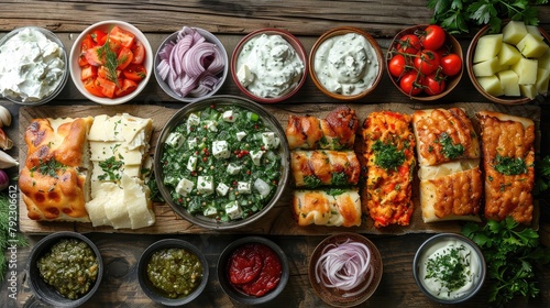 selection of traditional greek food salad meze pie fish tzatziki dolma on wood background top view illustration
