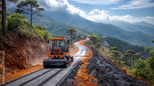 road construction utilizing a roller compactor and asphalt finisher stock image photo
