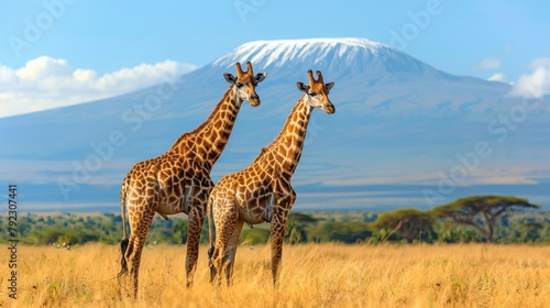 Ttwo graceful giraffes stand tall against the majestic backdrop of Mount sprawling national park, a captivating scene capturing the essence of African wildlife.