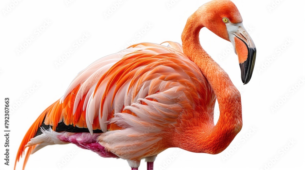 Obraz premium Majestic white and pink flamingo with its heart-shaped neck and elegant standing posture, one leg raised gracefully against a pure white backdrop.