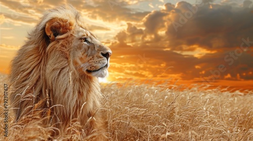A pride of regal lions laze amidst the golden grass, their majestic forms bathed in the warm sunlight. photo