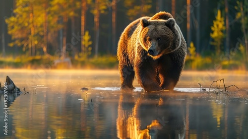 Majestic brown bear ambles along tranquil lake at dawn, casting an imposing silhouette in the glassy waters, a testament to Europe's untamed wilderness.