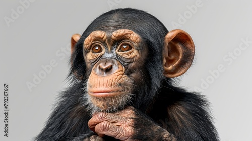 Young chimpanzee (Simia troglodytes) sitting in front of white background. photo