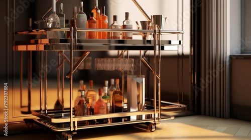 Elegant Art Deco bar cart with mirrored shelves and streamlined design  in a refined 3D rendering.