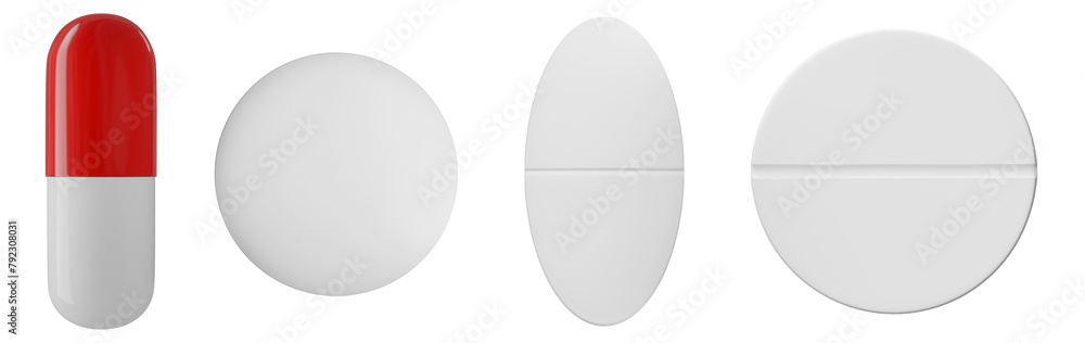 Set of pills icons isolated. 3D image