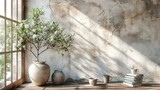 neutral mediterranean home design textured vase with olive tree branches cup of coffee books on wooden table living room still life empty wall copy space modern interior illustration