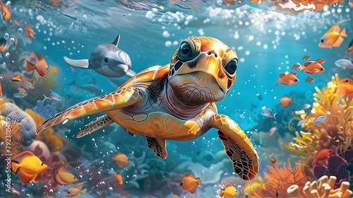 Vibrant Underwater Scene with Sea Turtle, Tropical Fish, Dolphin, and Coral Reefs in Clear Ocean Waters