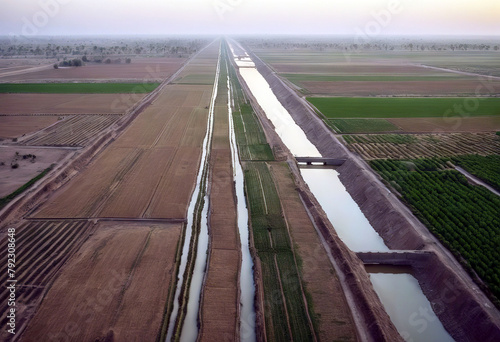 'aerial canal captured Pakistan sheikhupura strict January agricultural Irrigation fields image suburbs Punjab sunset Background Water Sky Summer Travel Nature Tree Grass Landscape Road Forest Sun' photo