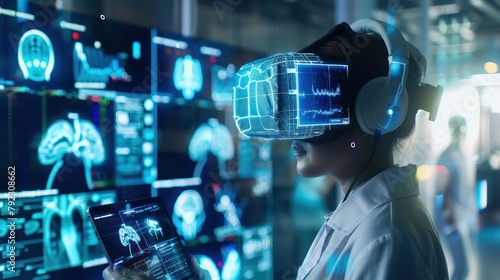 Digital healthcare and networking on modern virtual screens Close up of headphones and digital tablet with virtual patient's medical record on the interface.