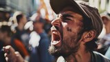 Emotional Protester Expression Close-Up with Blurred Demonstrative Crowd AI Generated