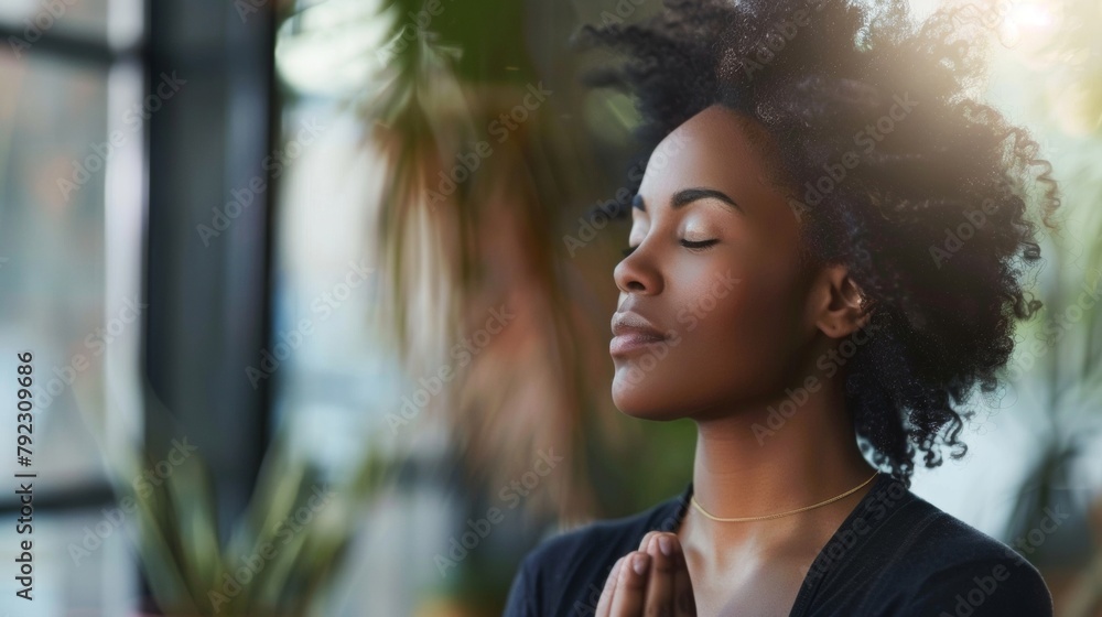 Closeup of a woman meditating in a quiet and peaceful environment emphasizing the importance of mental wellness in managing the stresses of work and personal life. . Closeup of a woman meditating in a quiet and peaceful environment emphasizing the importance of mental wellness in managing the stresses of work and personal life. .