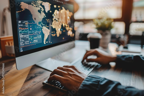 Close-up of a human resources manager analyzing global labor market trends on a computer 