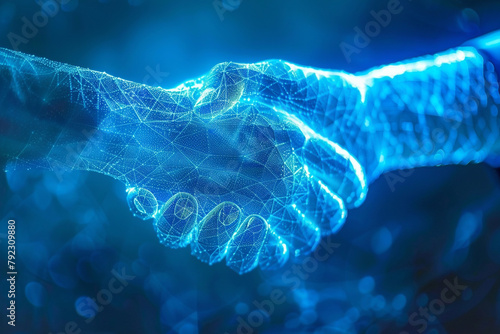 Close-up of a leader's hand shaking a holographic hand, representing the merging of human leadership with AI technology in business innovation #792309880