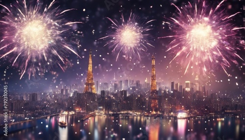 'Image confetti Fireworks World Year's Celebration Cities Landmarks New Background Illustration year scene city landmark night sky earth globa' photo