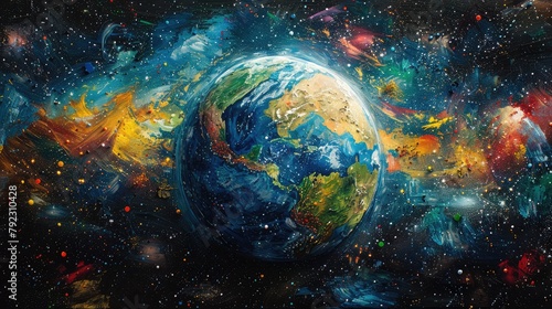 The image portrays the Earth at the center of a vast virtual cosmos, where digital stars and galaxies represent the boundless potential of global connectivity. stock image