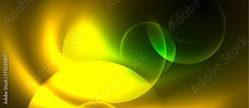 A colorful, blurry image featuring a mix of yellow and green lights against a black backdrop. The lights form circular patterns resembling a macro photography art of a terrestrial plant