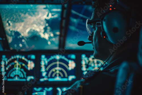 Close-up of a pilot in a cargo plane cockpit, screens showing global flight routes for logistics