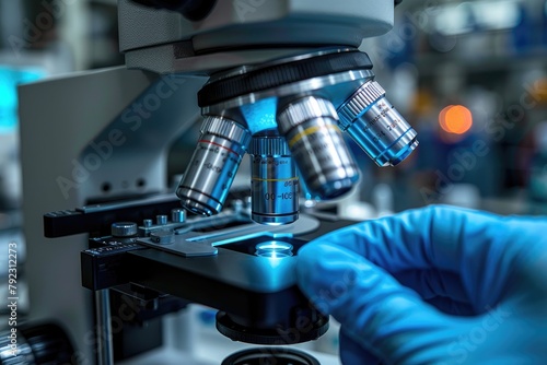 Close view of a biotech researchers hands examining samples under a microscope, bridging technology and medical innovation