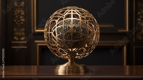 Exquisite Art Deco globe sculpture brought to life in meticulous 3D detail, showcasing intricate patterns and radiant metallic finishes.