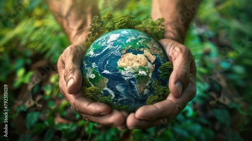 An Environmental protection with hands covering the earth decorated with greenery. Contrasting with the tropical summer landscape Symbol of the importance of ecological conservation