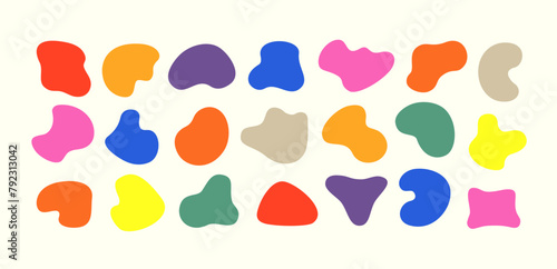 Set of vector contemporary amoeba shapes. Free form cutout design elements. 21 liquid shapes in vibrant vintage colors on off-white background. Organic fluid irregular freeform pattern illustration