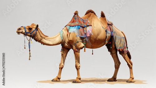 an image of a camel standing on a sandy surface against a white background. The camel is tan and has a red and white saddle with various decorations on it. photo