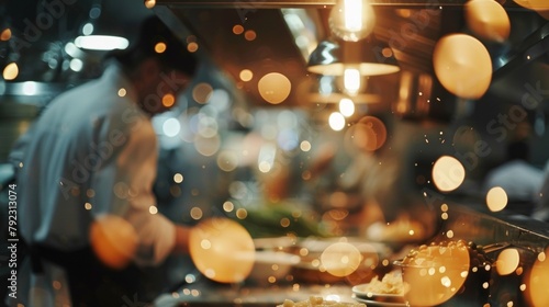 Soft light and bokeh lights adorn a defocused background giving a sense of warmth and coziness to the bustling behindthescenes of the culinary world. . photo
