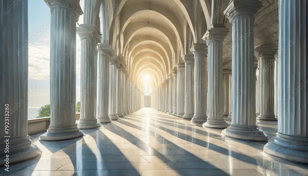 Sunlit Path: Bright Columns in a White Corridor - obrazy, fototapety, plakaty 