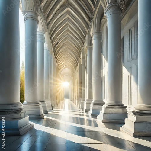 Radiant Pathway: Sunlight Filtering Through White Columns