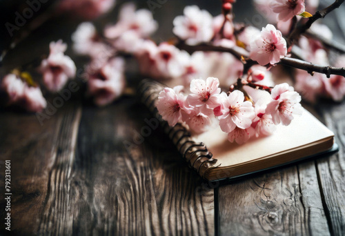 'blossoms branches cherry background rustic dark Sakura Spring apricot blossoming wooden notebook Flower Design Wedding Frame Nature Vintage Wood Easter TreeBackground Flower Design Wedding Frame' photo