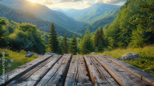 wooden table top with the mountain landscape stock photo