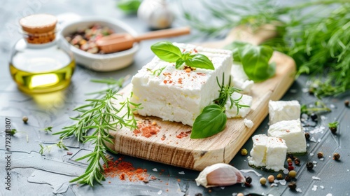 Feta cheese seasoned with chili flakes and herbs on a wooden plank, surrounded by culinary ingredients.