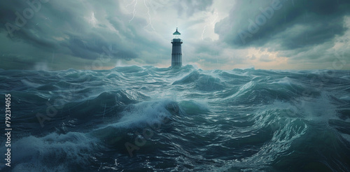 Illustration of sea midnight landscape. Lighthouse in stormy weather. Banner