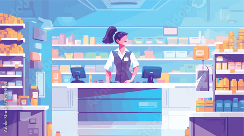 Saleslady woman cashier standing at checkout in sup