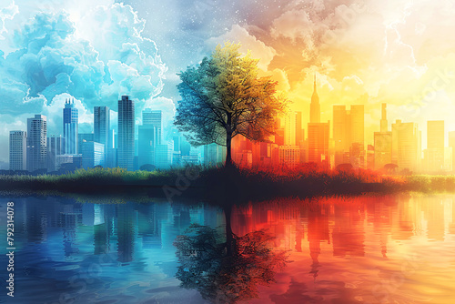 Climate change illustration with city and tree in center. Concept of environment warming and pollution photo