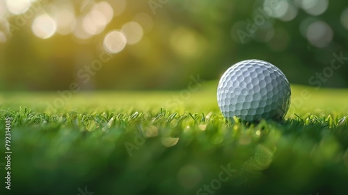 Close-up of a golf ball on vibrant green grass under sunlight. photo