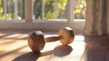 Wooden dumbbells lying on a hardwood floor, bathed in sunlight through a window, suggesting a home workout.
