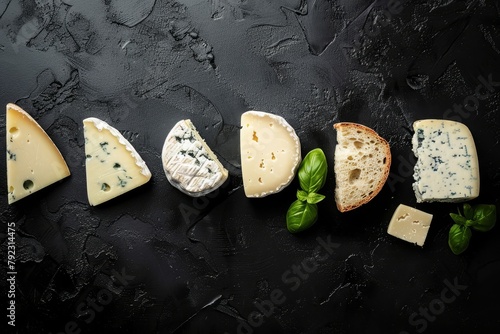 Assorted cheeses on black background top view