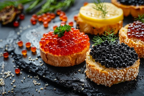 Assortment of snacks with red and black caviar photo